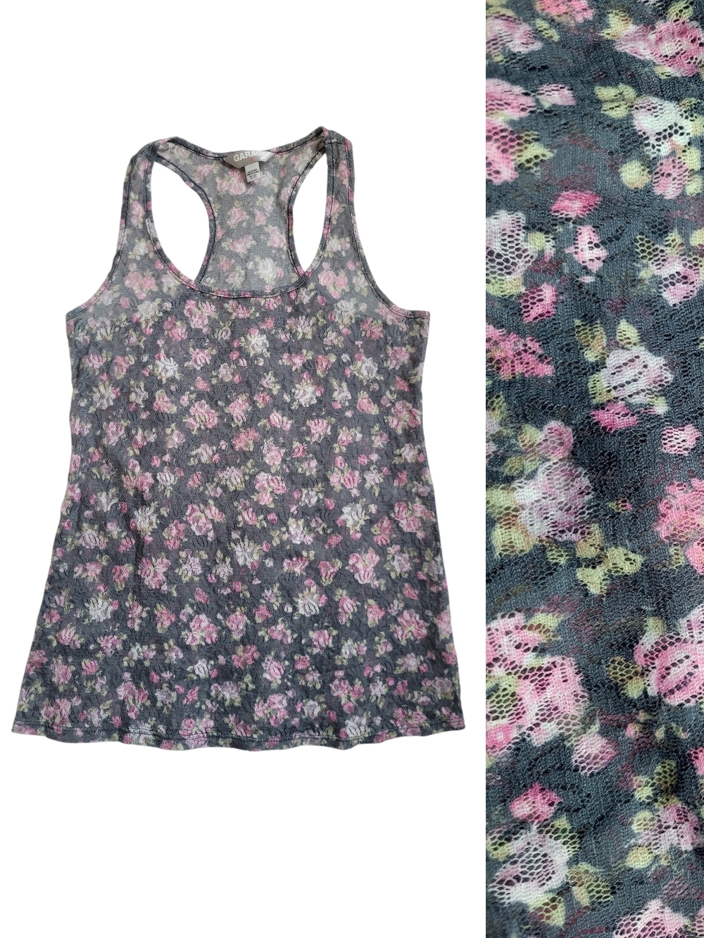Vintage Y2K Garage Racerback Tank Top Green with Pink Floral Lace